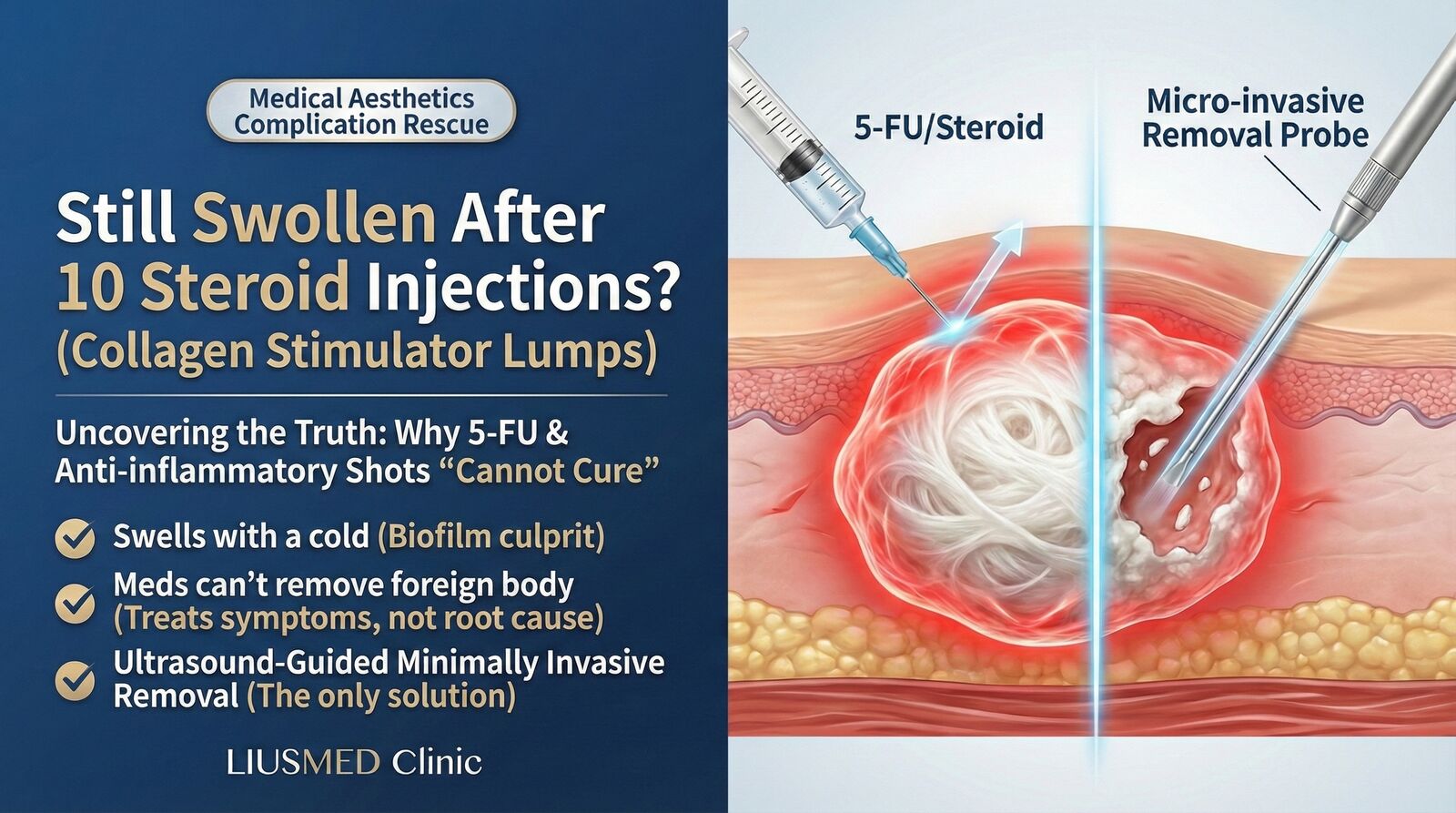 コラーゲン刺激剤のしこりが消えない？ステロイド・5-FU注射10回以上でも効果なし — 微創摘出術の真実