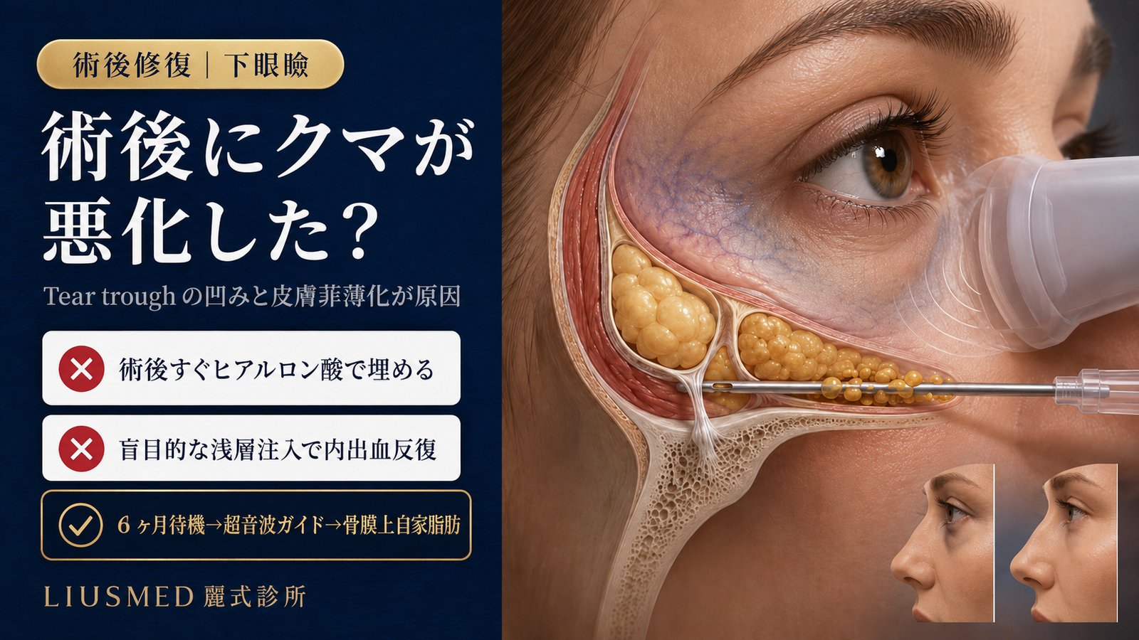 下眼瞼形成術後にクマがかえって悪化する？自家脂肪注入で下眼瞼の凹みを修復する
