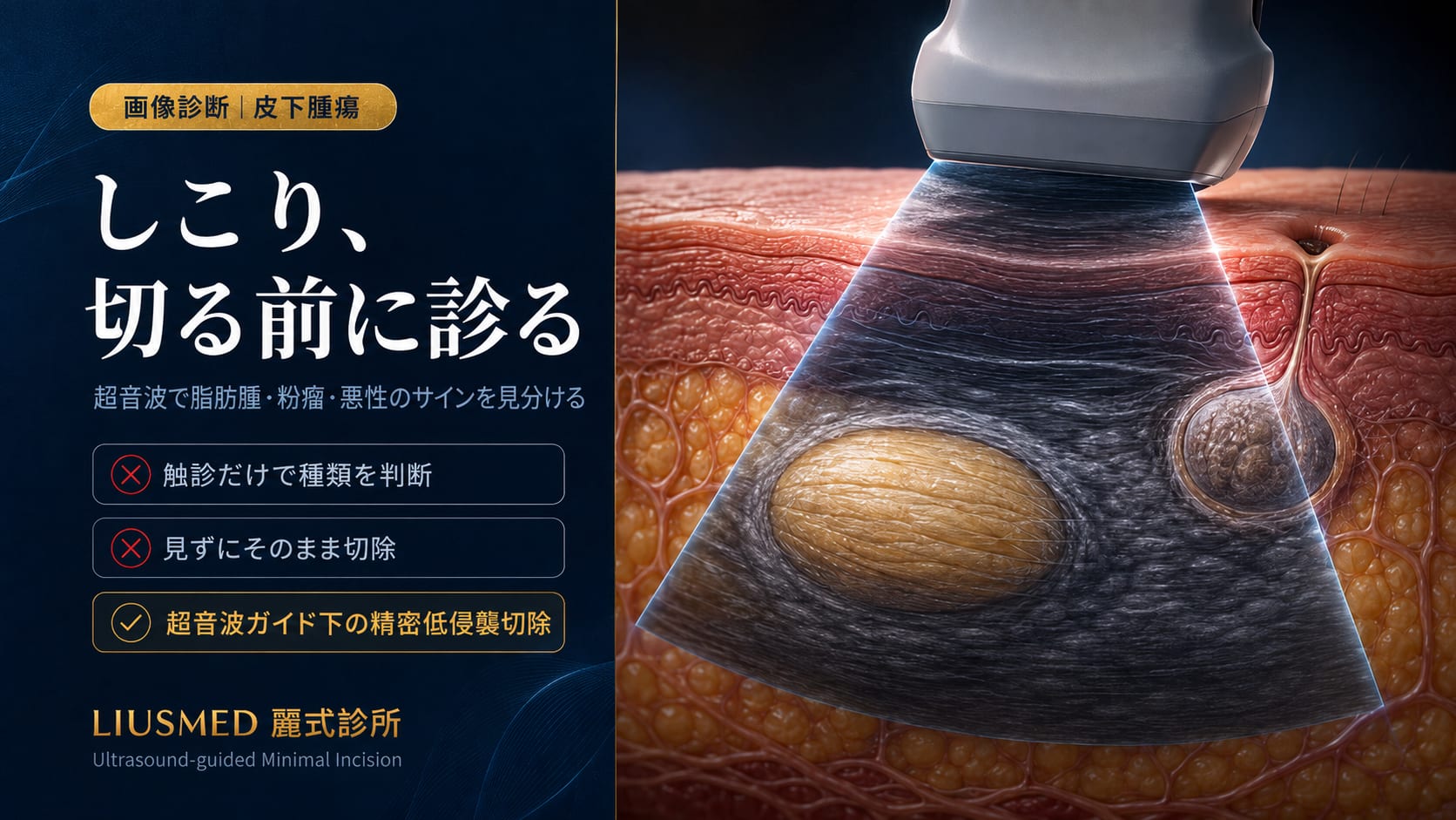 皮下のしこりを見つけたら、すぐ切る前に——超音波検査で脂肪腫・粉瘤・悪性のサインを見分ける