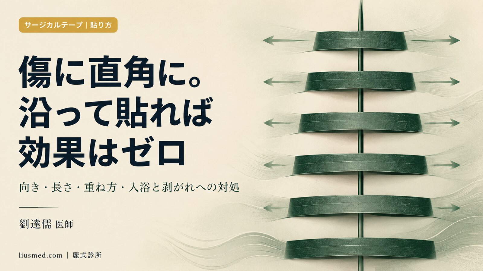 サージカルテープの貼り方:傷に直角に、濡れてもすぐ換えなくていい