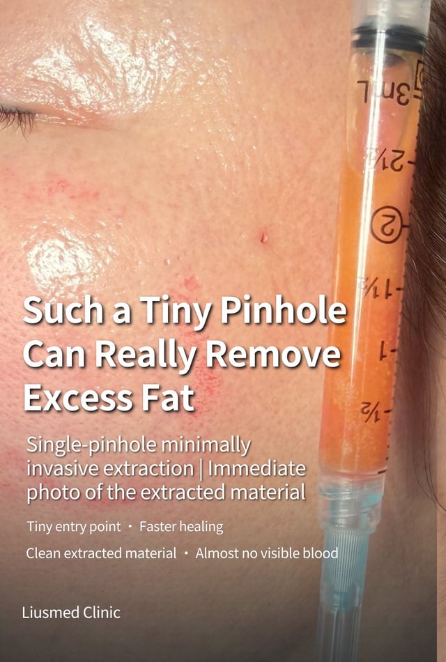 Actual photo of a single-pinhole extraction: the pinhole on the cheek and the fat just removed