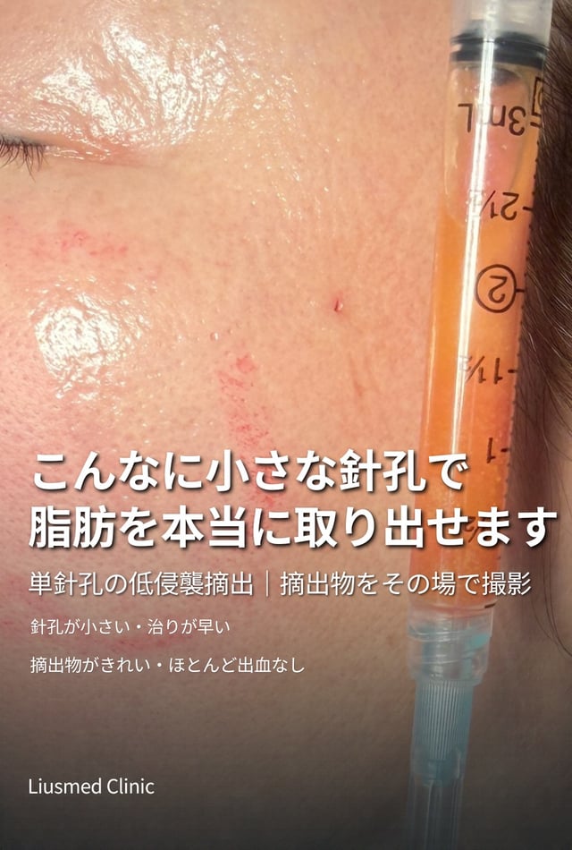 単針孔での摘出の実際の写真:頬の針孔と、取り出したばかりの脂肪