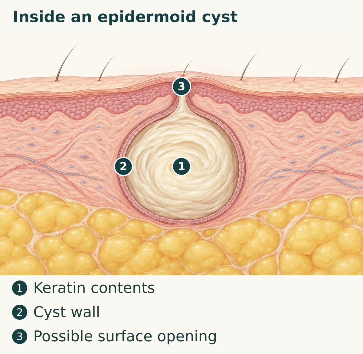 Inside an epidermoid cyst (1. Keratin contents; 2. Cyst wall; 3. Possible surface opening)