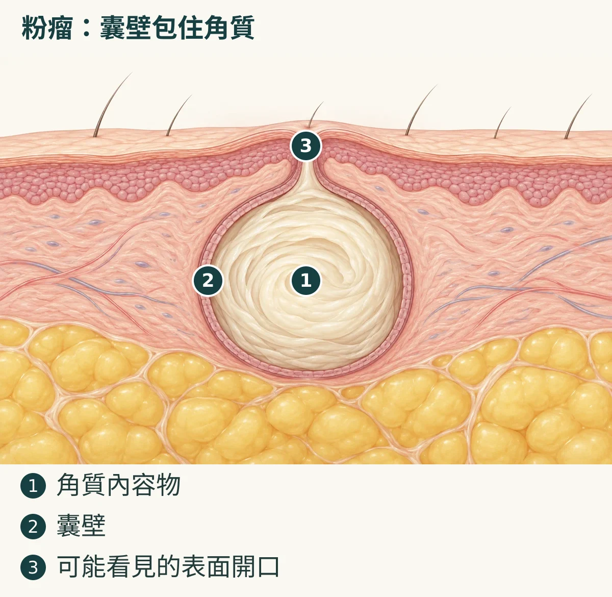 粉瘤：囊壁包住角質（1. 角質內容物；2. 囊壁；3. 可能看見的表面開口）