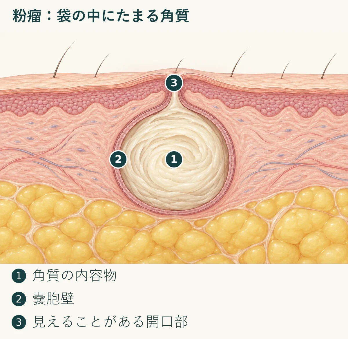 粉瘤：袋の中にたまる角質（1. 角質の内容物、2. 嚢胞壁、3. 見えることがある開口部）