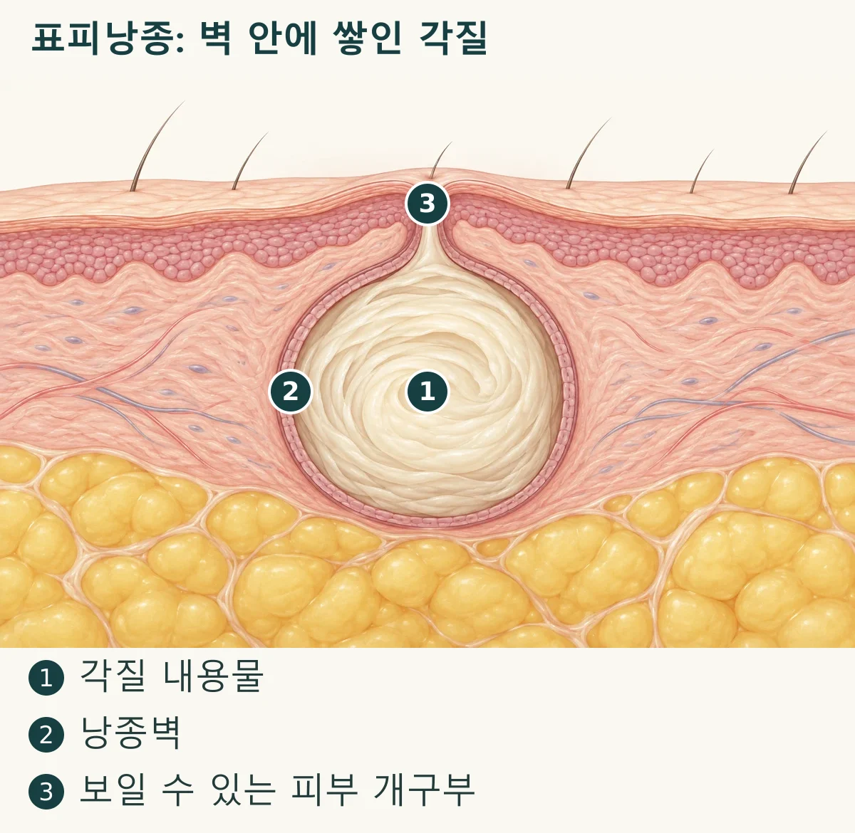 표피낭종: 벽 안에 쌓인 각질 (1. 각질 내용물, 2. 낭종벽, 3. 보일 수 있는 피부 개구부)