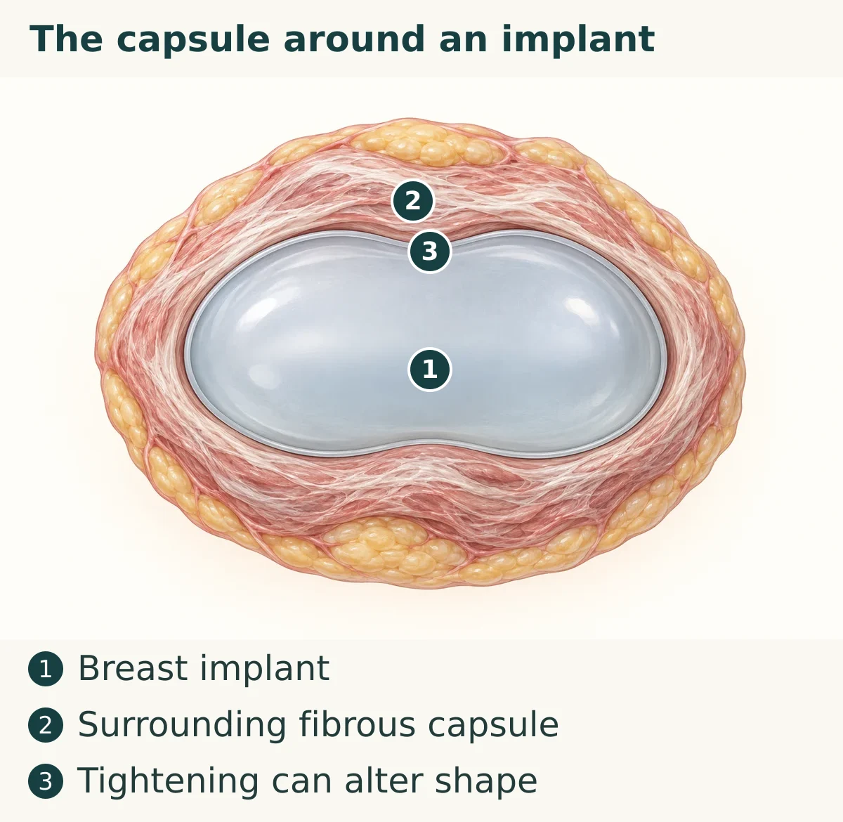 The capsule around an implant (1. Breast implant; 2. Surrounding fibrous capsule; 3. Tightening can alter shape)