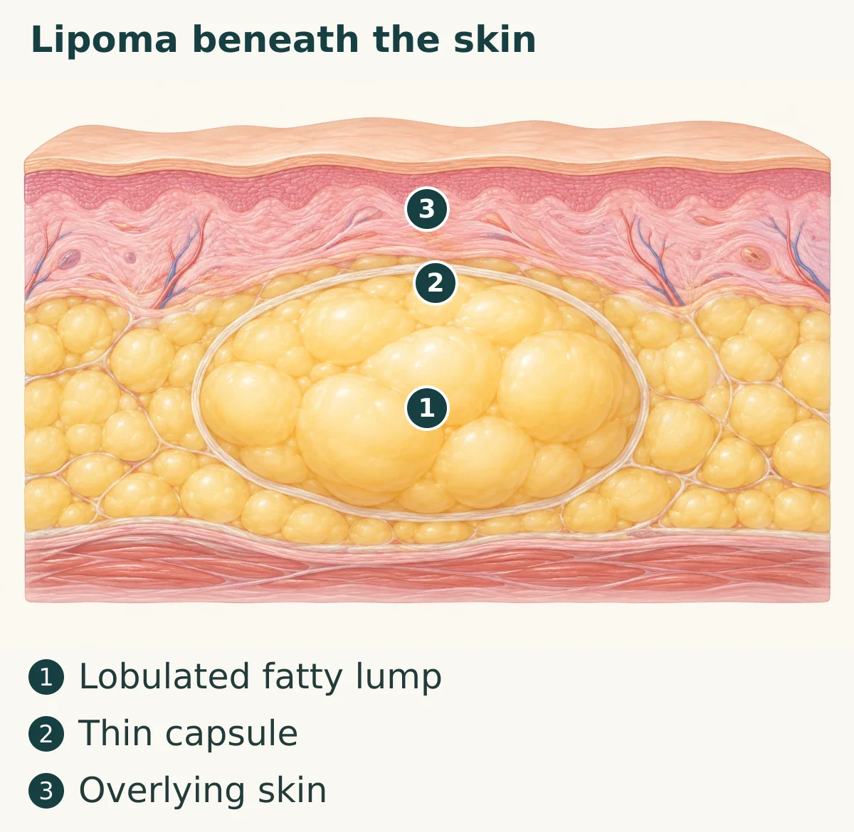 Lipoma beneath the skin (1. Lobulated fatty lump; 2. Thin capsule; 3. Overlying skin)