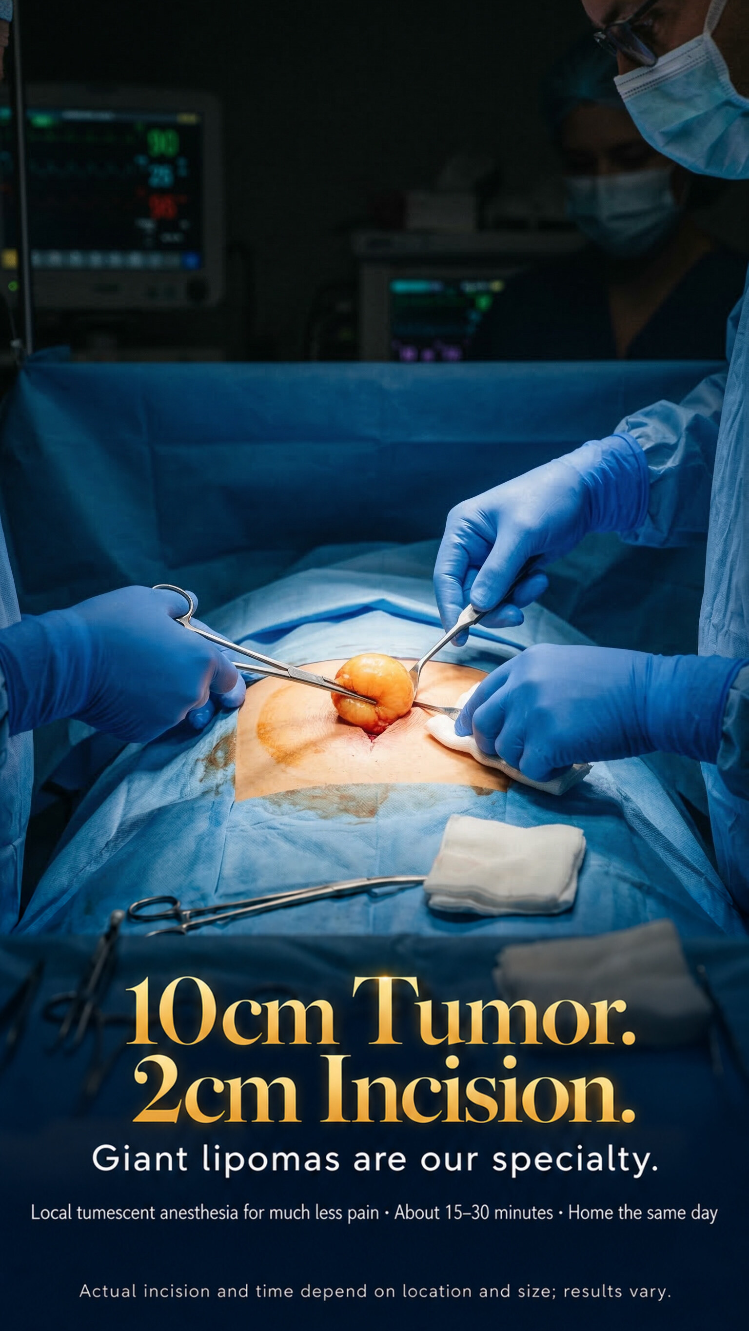 10cm Tumor. 2cm Incision. — Giant lipomas are our specialty.