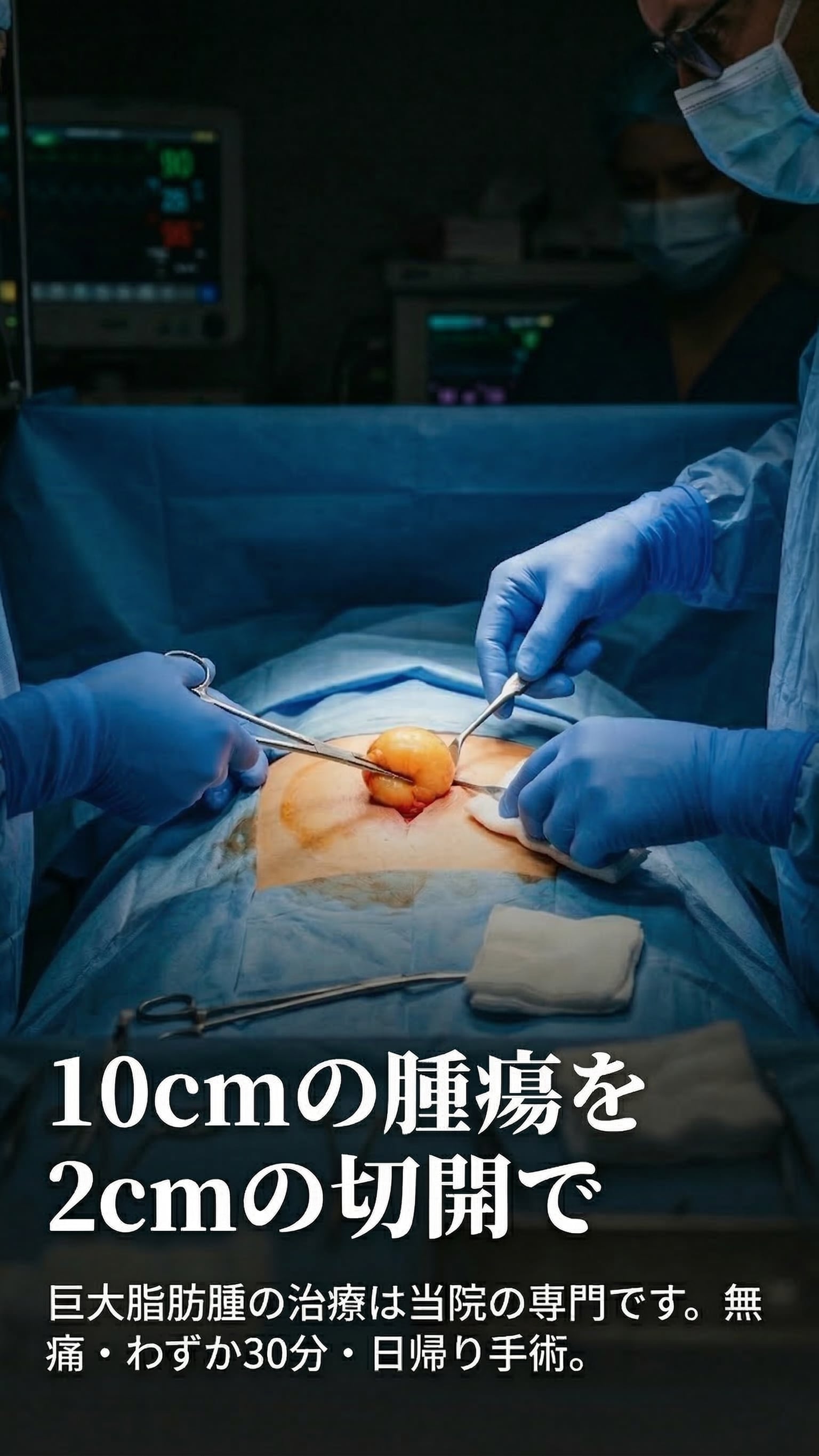 10cmの腫瘍を2cmの切開で — 巨大脂肪腫の治療は当院の専門です。