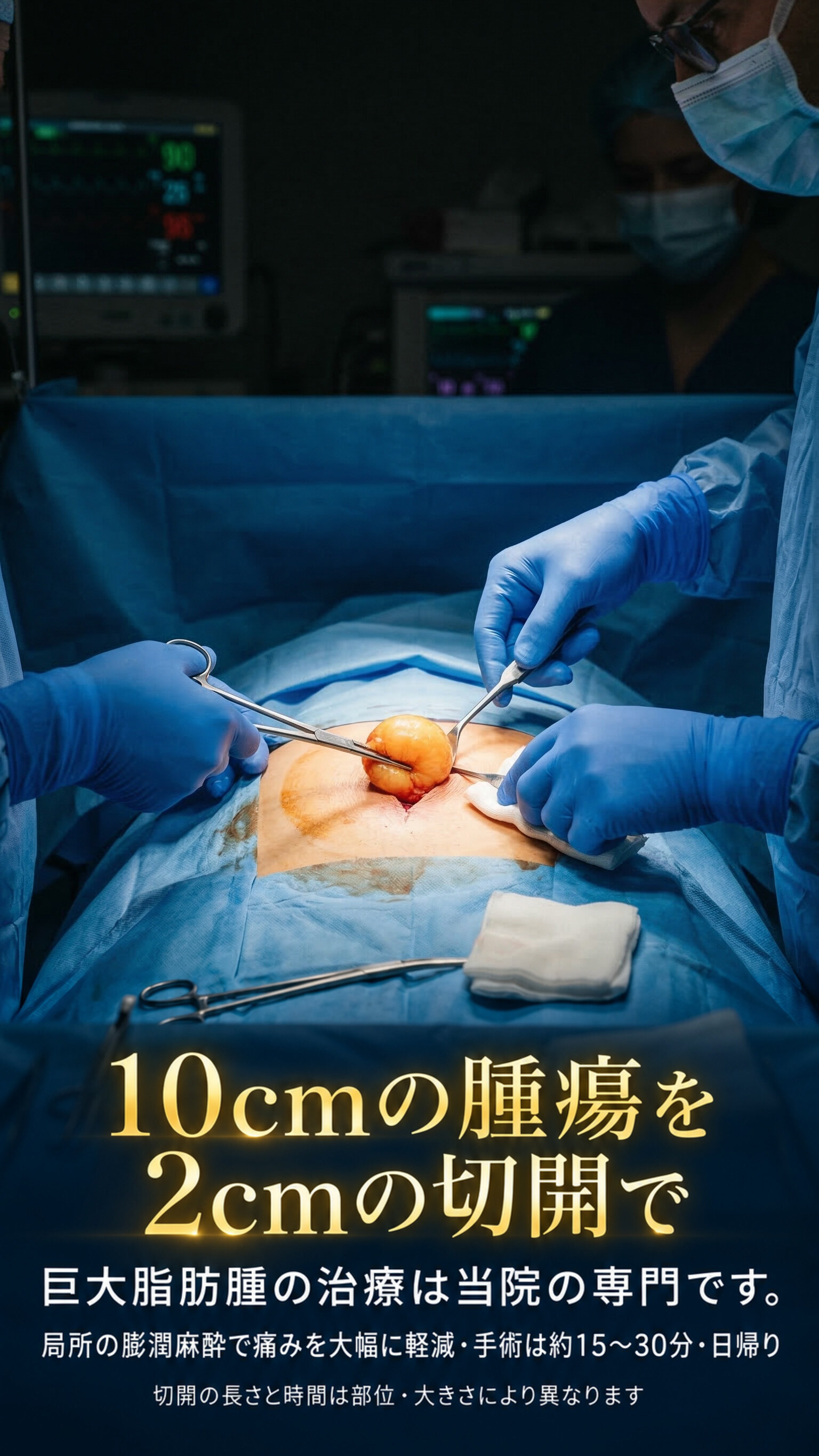 10cmの腫瘍を2cmの切開で — 巨大脂肪腫の治療は当院の専門です。