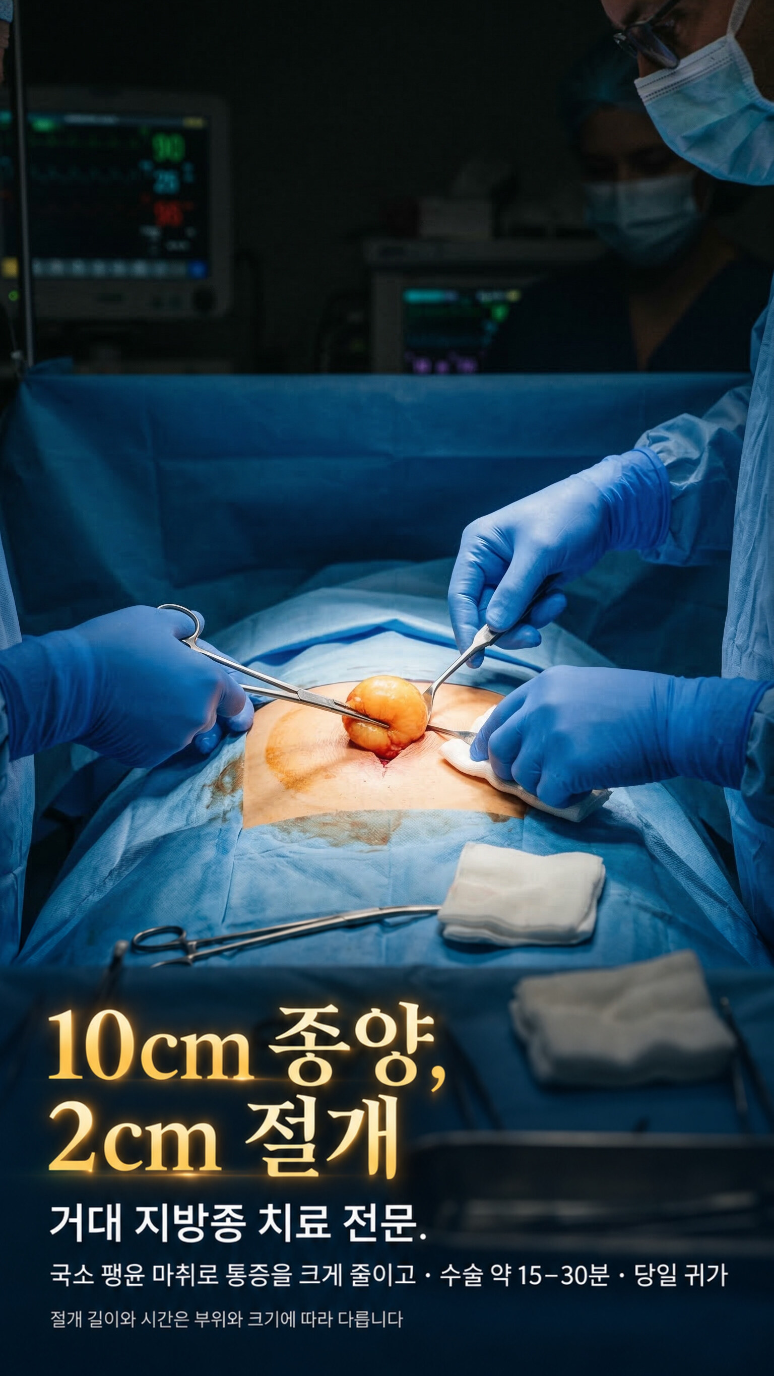 10cm 종양, 2cm 절개 — 거대 지방종 치료 전문.