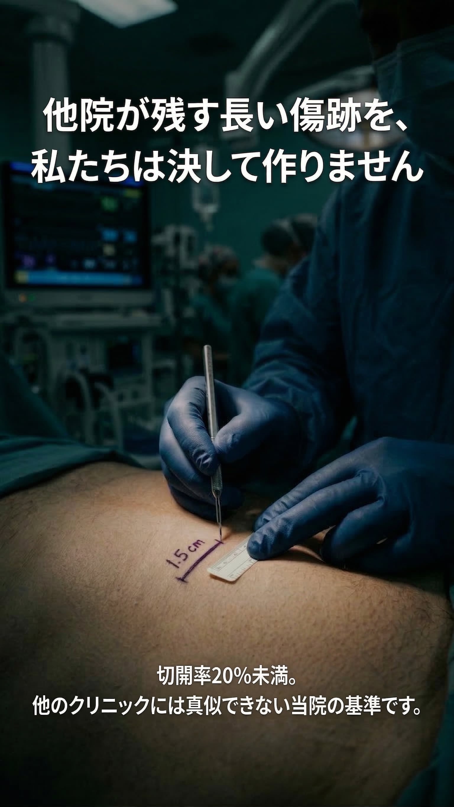 他院が残す長い傷跡を、私たちは決して作りません — 切開率20%未満。