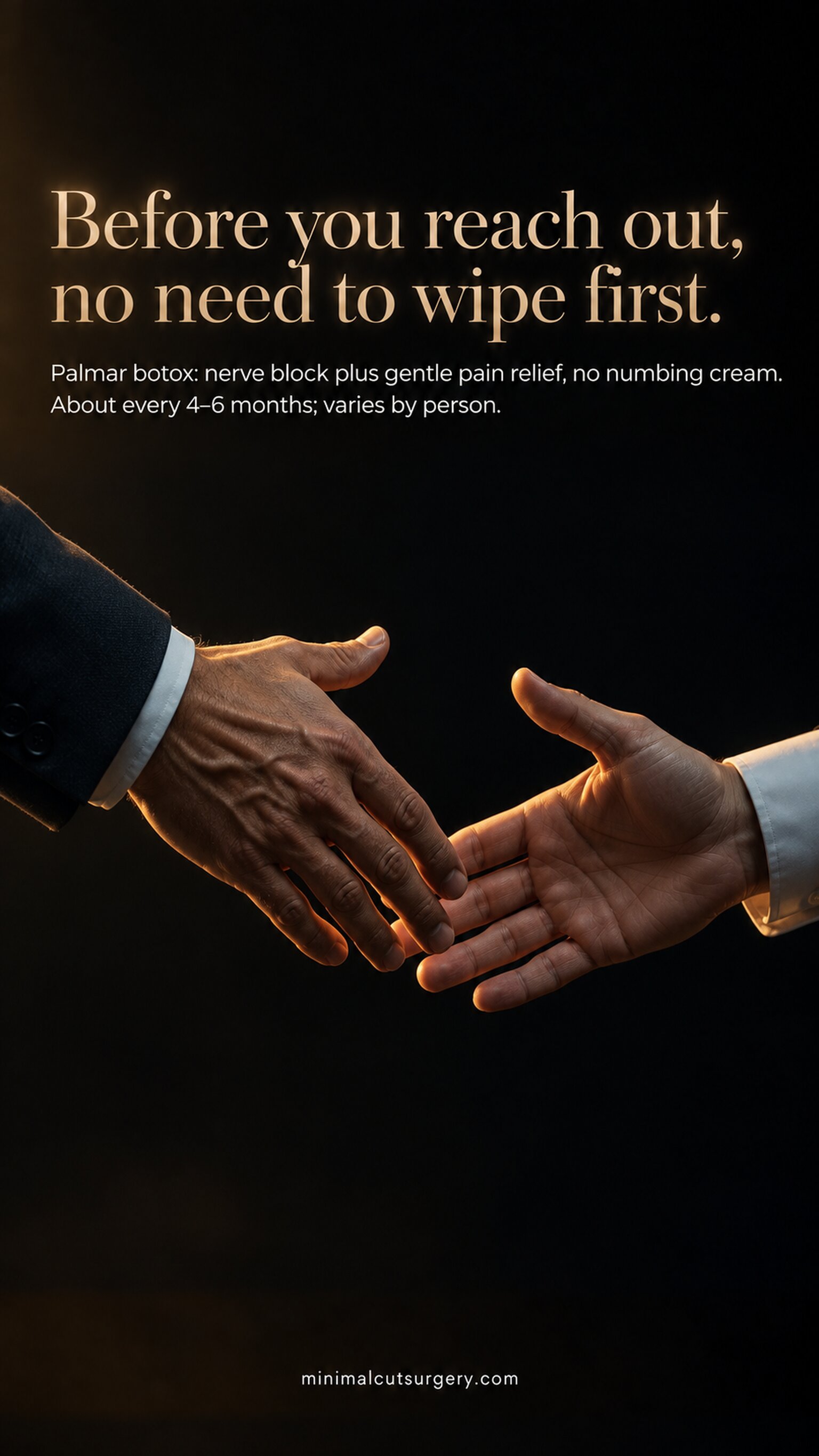 Before you reach out, no need to wipe first. — Palmar botox: nerve block plus gentle pain relief, no numbing cream. About every 4–6 months; varies by person.