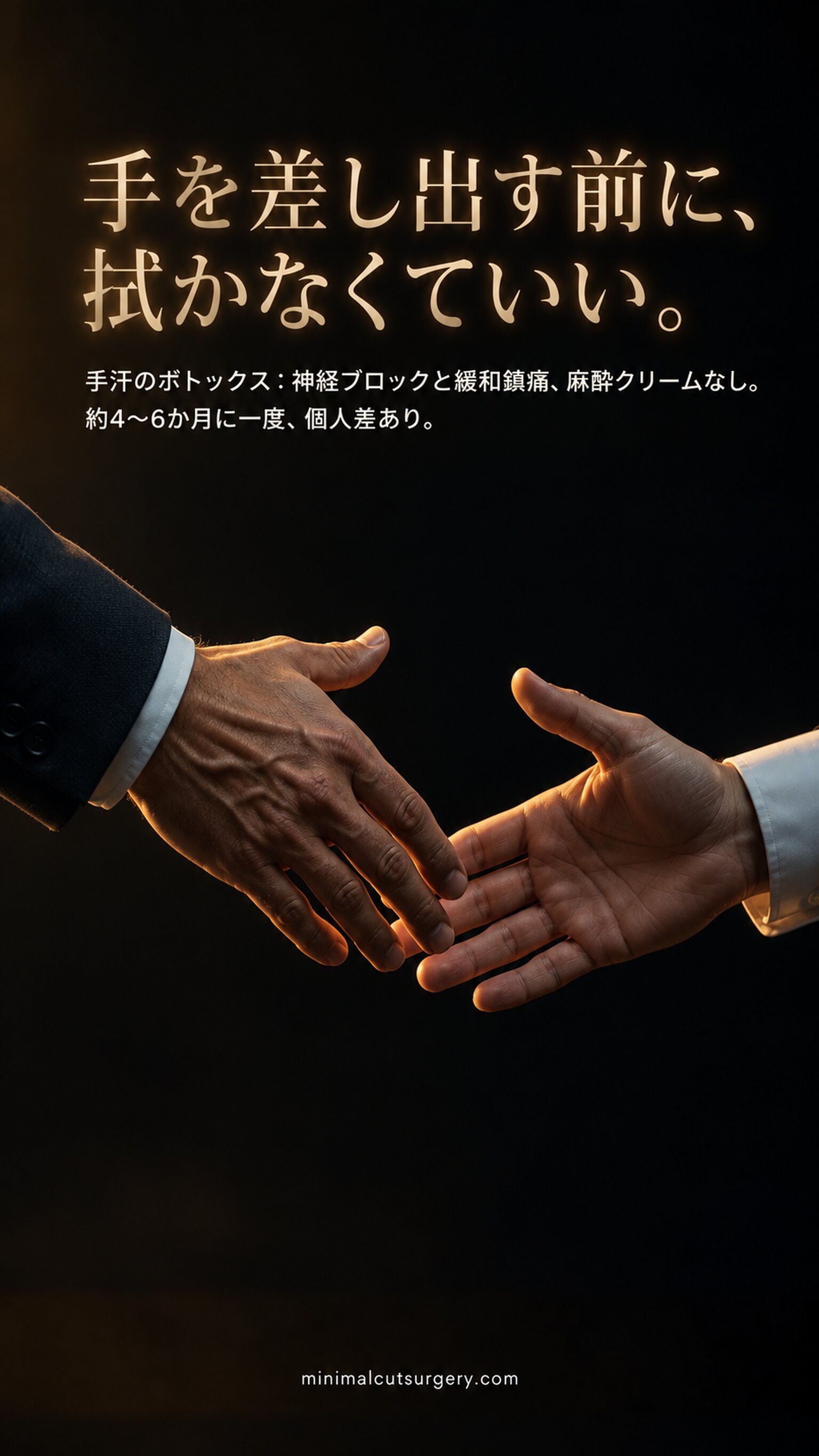 手を差し出す前に、拭かなくていい。 — 手汗のボトックス:神経ブロックと緩和鎮痛、麻酔クリームなし。約4〜6か月に一度、個人差あり。