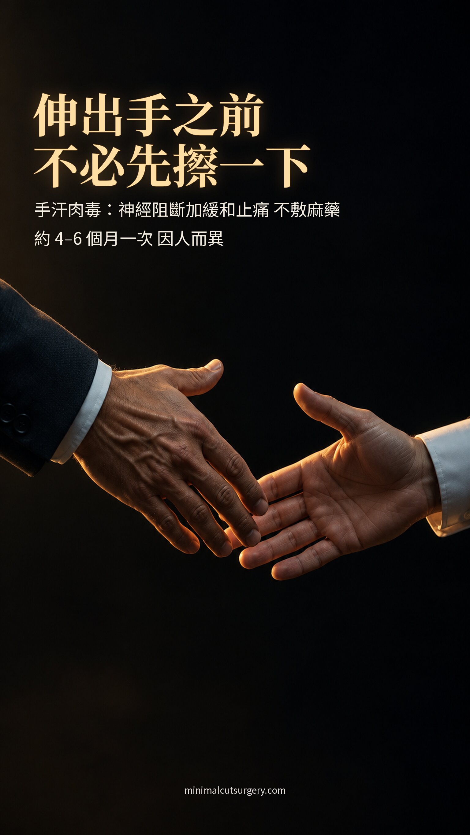 伸出手之前 不必先擦一下 — 手汗肉毒：神經阻斷加緩和止痛 不敷麻藥 約 4–6 個月一次 因人而異