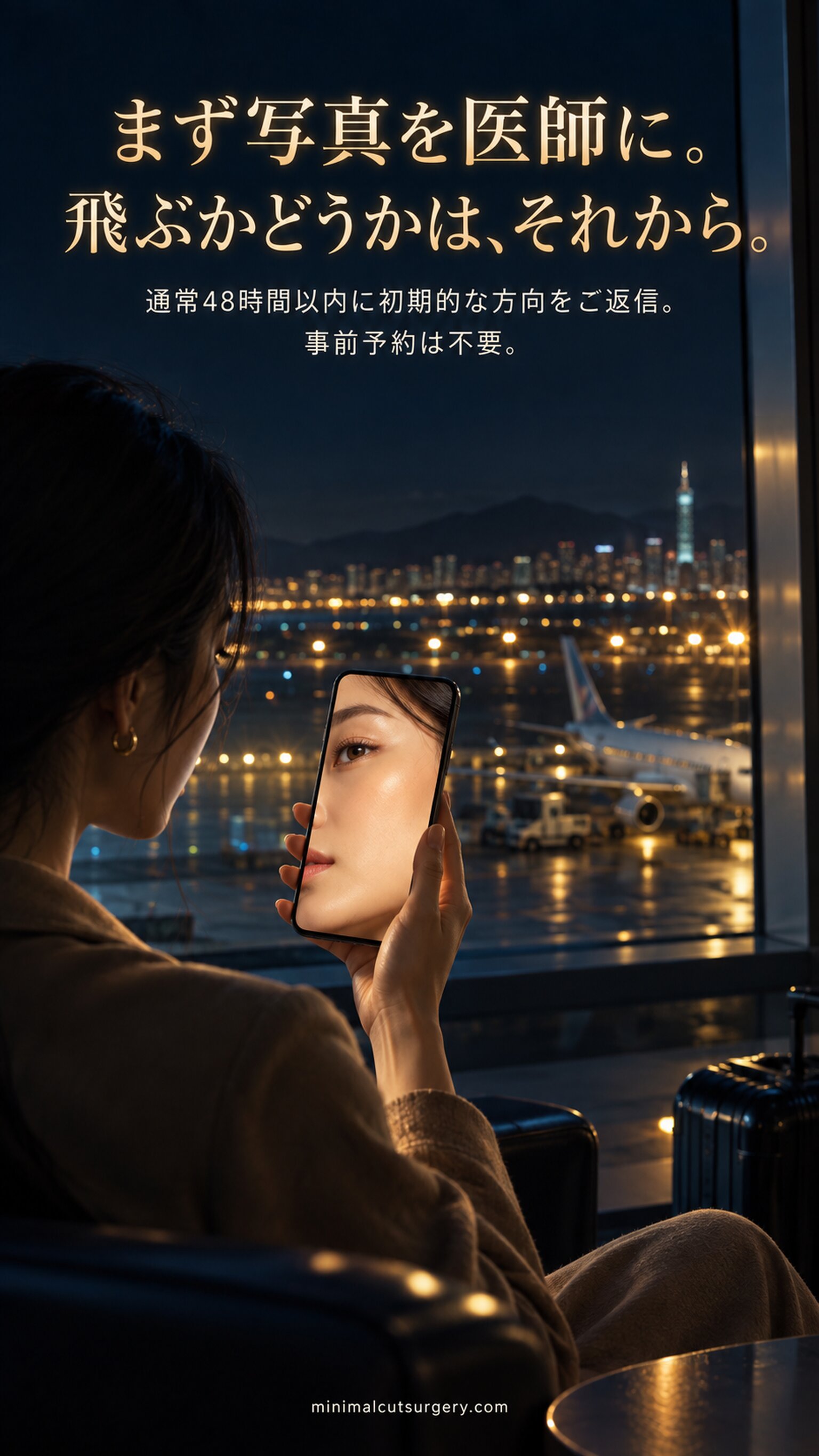 まず写真を医師に。飛ぶかどうかは、それから。 — 通常48時間以内に初期的な方向をご返信。事前予約は不要。