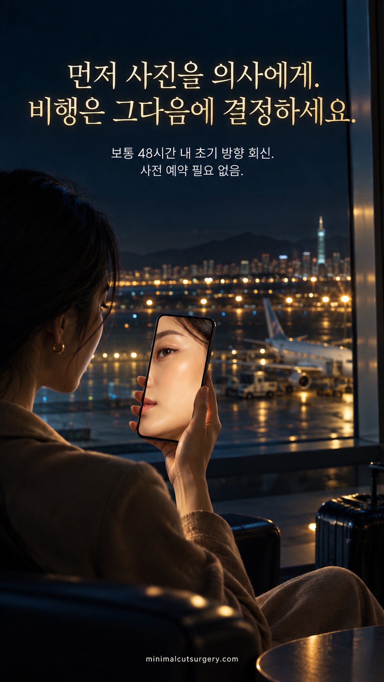 먼저 사진을 의사에게. 비행은 그다음에 결정하세요. — 보통 48시간 내 초기 방향 회신. 사전 예약 필요 없음.