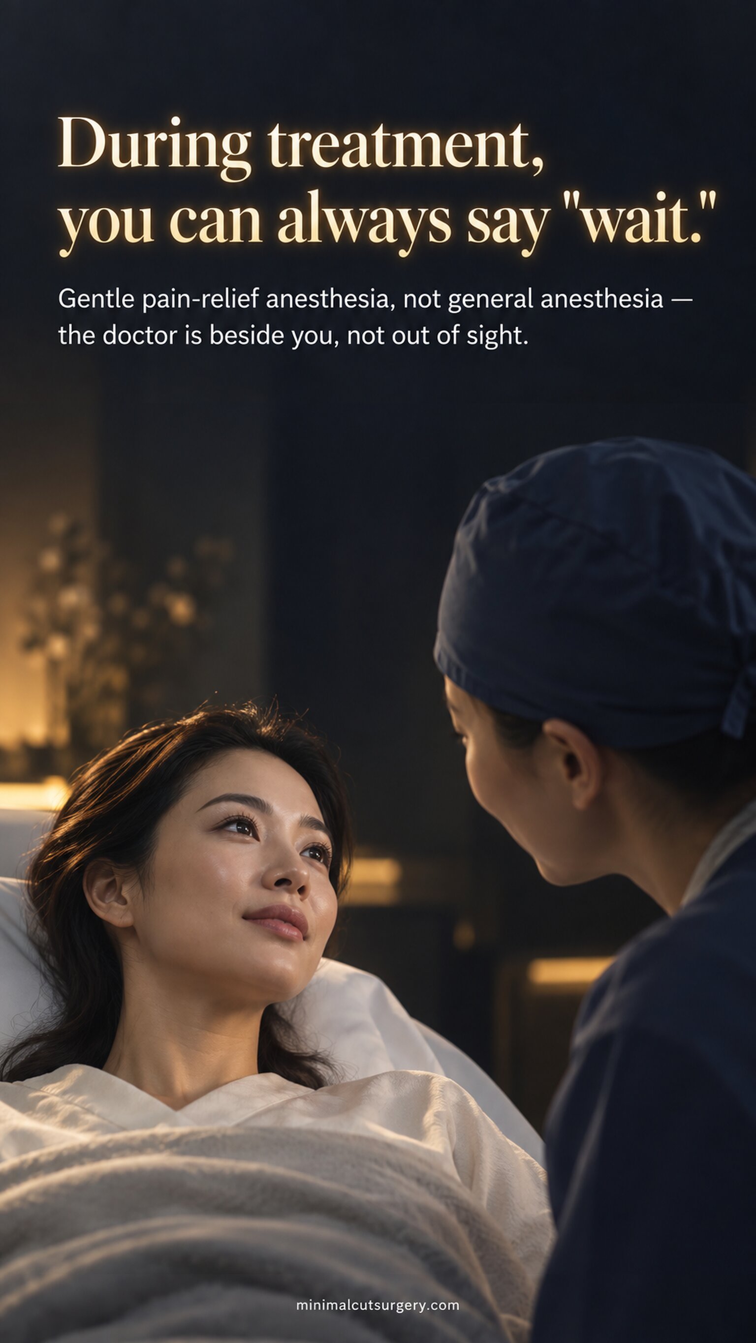 During treatment, you can always say "wait." — Gentle pain-relief anesthesia, not general anesthesia — the doctor is beside you, not out of sight.