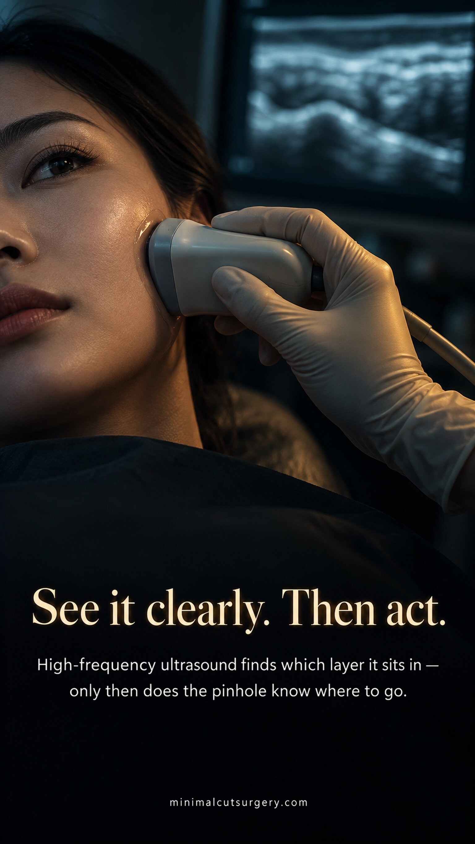 See it clearly. Then act. — High-frequency ultrasound finds which layer it sits in — only then does the pinhole know where to go.