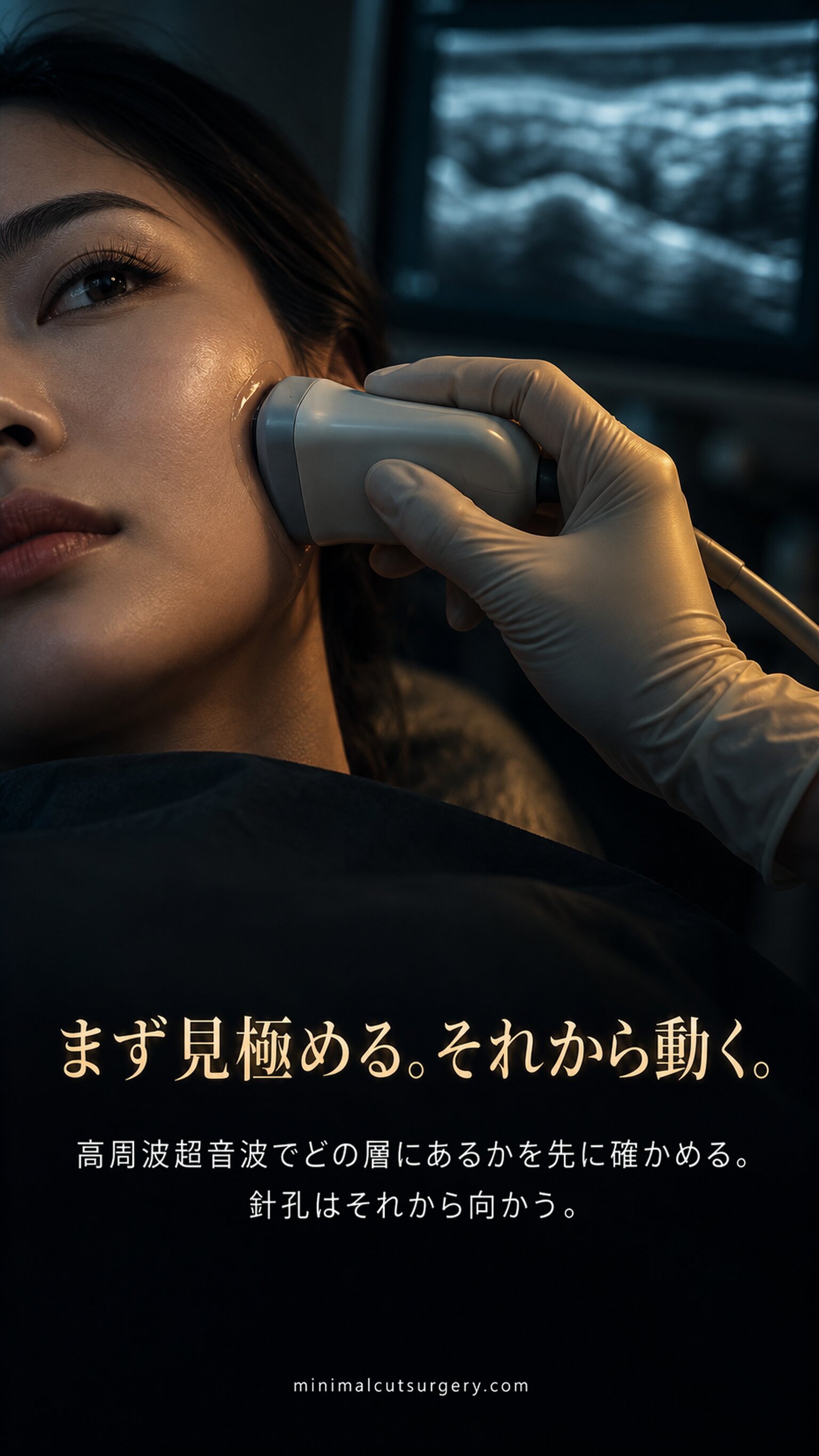 まず見極める。それから動く。 — 高周波超音波でどの層にあるかを先に確かめる。針孔はそれから向かう。