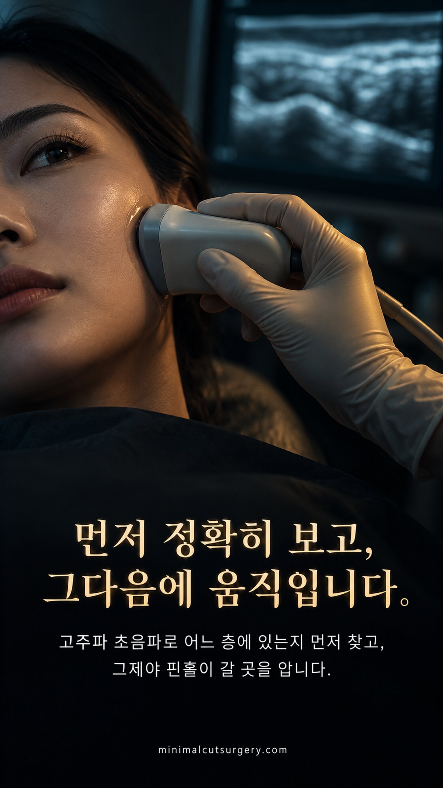 먼저 정확히 보고, 그다음에 움직입니다. — 고주파 초음파로 어느 층에 있는지 먼저 찾고, 그제야 핀홀이 갈 곳을 압니다.