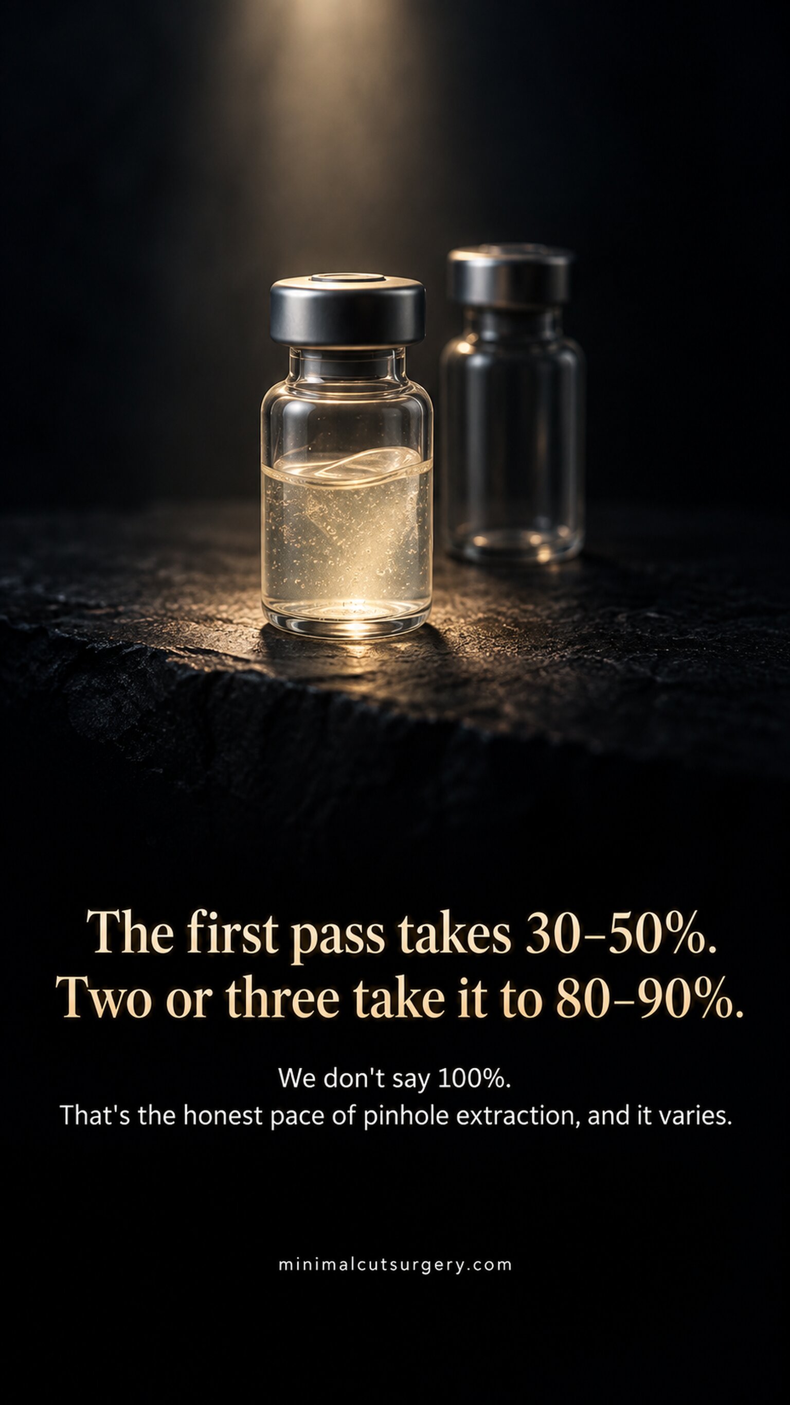 The first pass takes 30–50%. Two or three take it to 80–90%. — We don't say 100%. That's the honest pace of pinhole extraction, and it varies.
