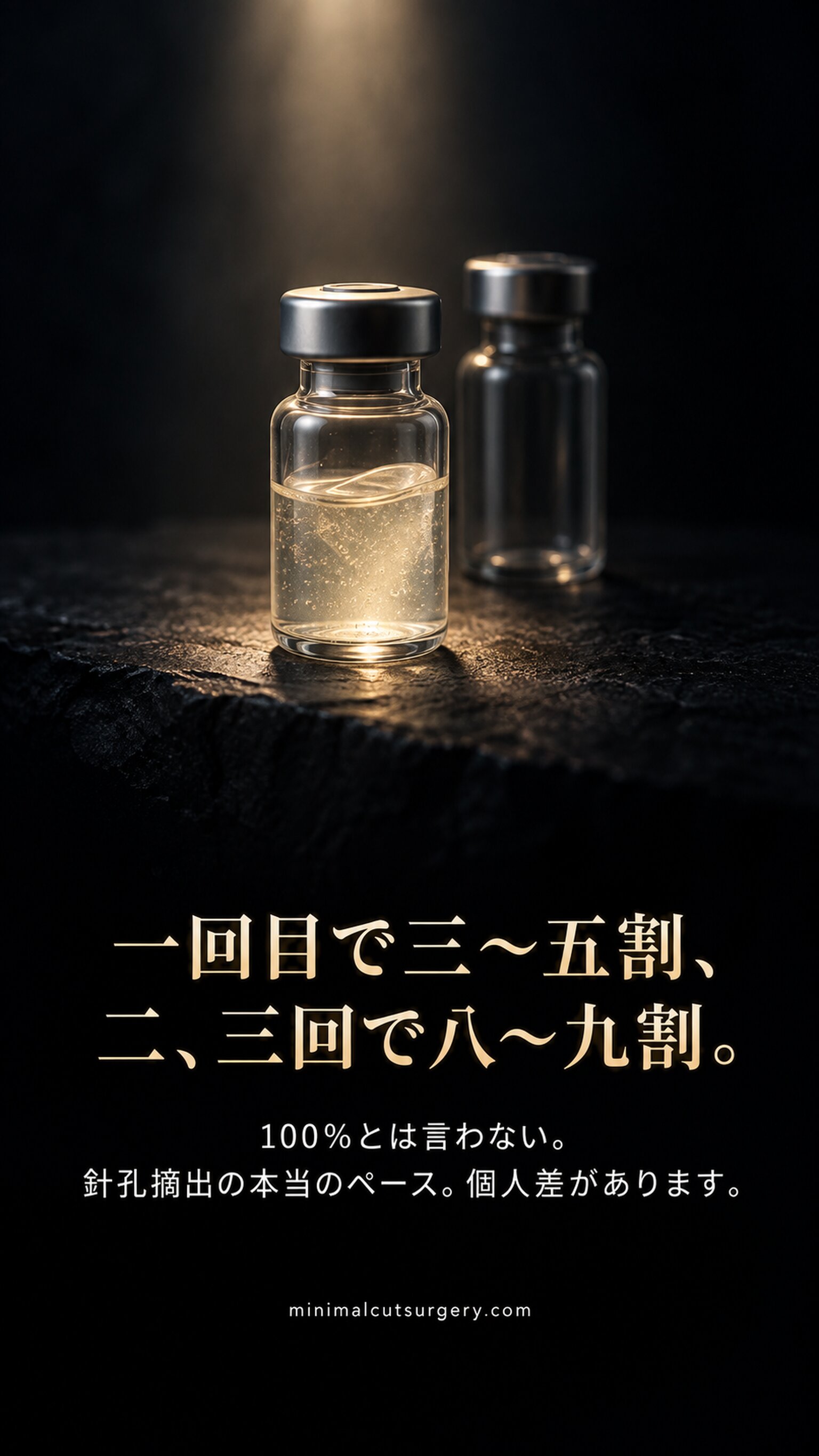 一回目で三〜五割、二、三回で八〜九割。 — 100%とは言わない。針孔摘出の本当のペース。個人差があります。